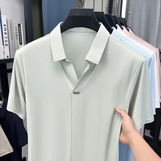 Men's Ice-Silk Polo - Seamless Notch Lapel, Metal-Button Placket