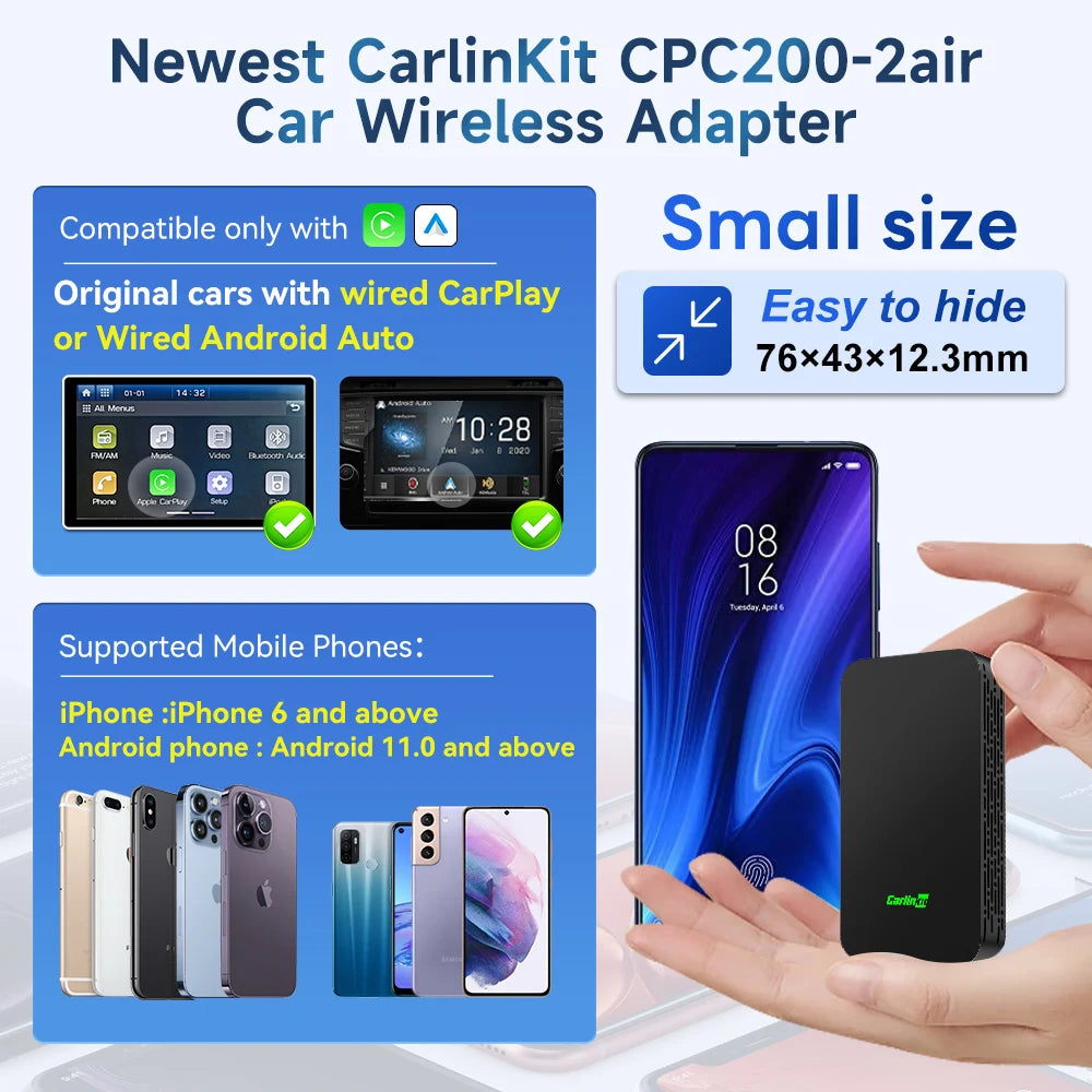 CarlinKit 5.0 2air & Mini 5 Pro Wireless Android Auto & CarPlay Wireless Adapter 2.4Ghz & 5.8Ghz WiFi Auto Connect OTA Update