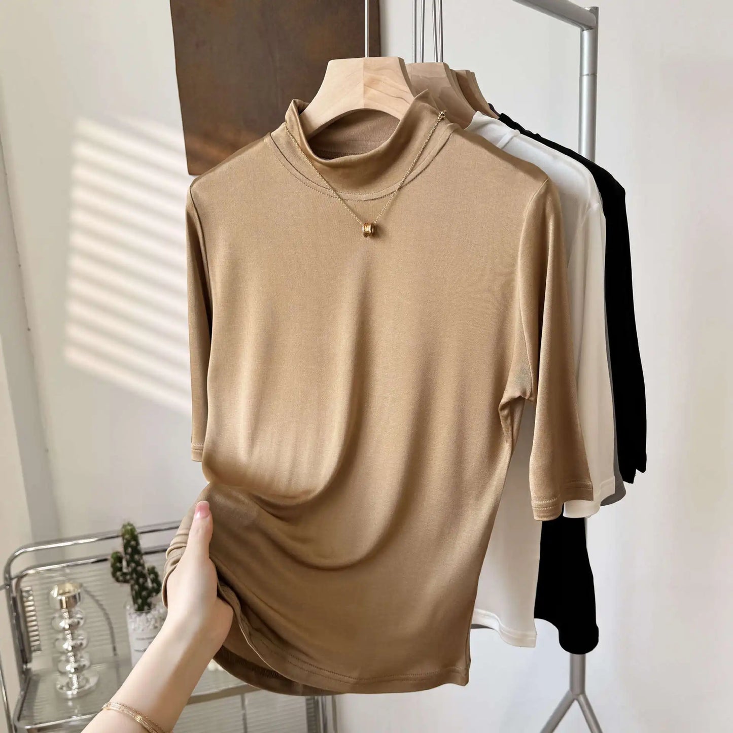 Yuyue's 100% Mulberry Silk Basic Women's T-shirt Solid Color Large Size Half Crew Neck Mulberry Silk Top Mid-sleeve Base Shirt
