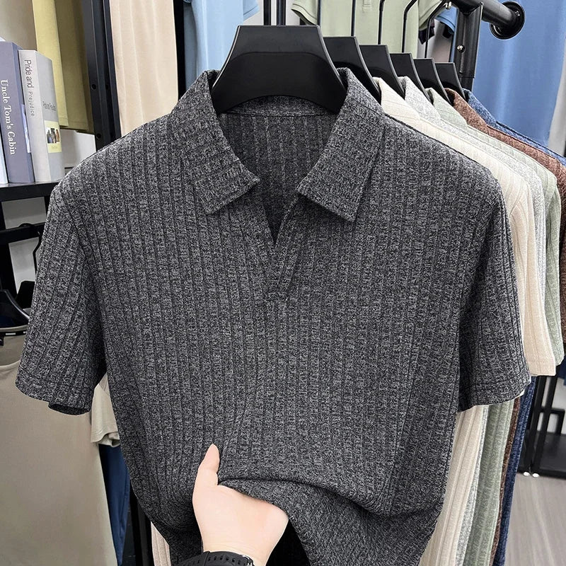 Men's Knitted Polo Tee - V-Neck Stripe, Lightweight Breathable