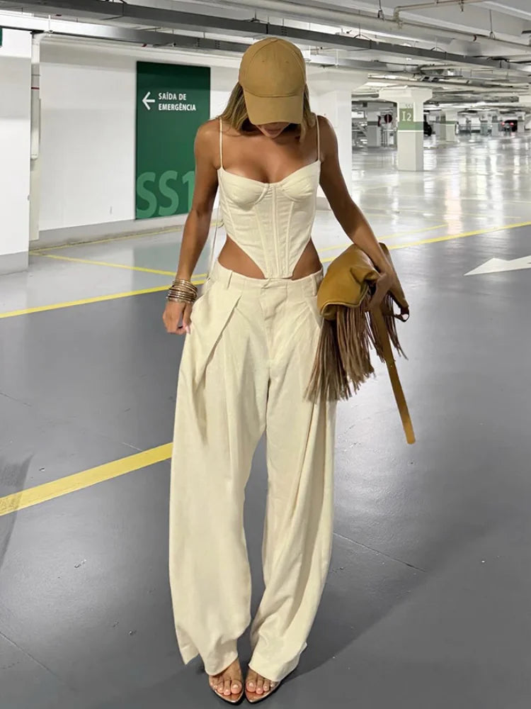 Boho Side-Cutout Cami & Wide-Leg Pants Set for Women