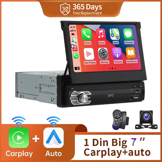 7" Single DIN Retractable Car Stereo with Apple CarPlay & Android Auto