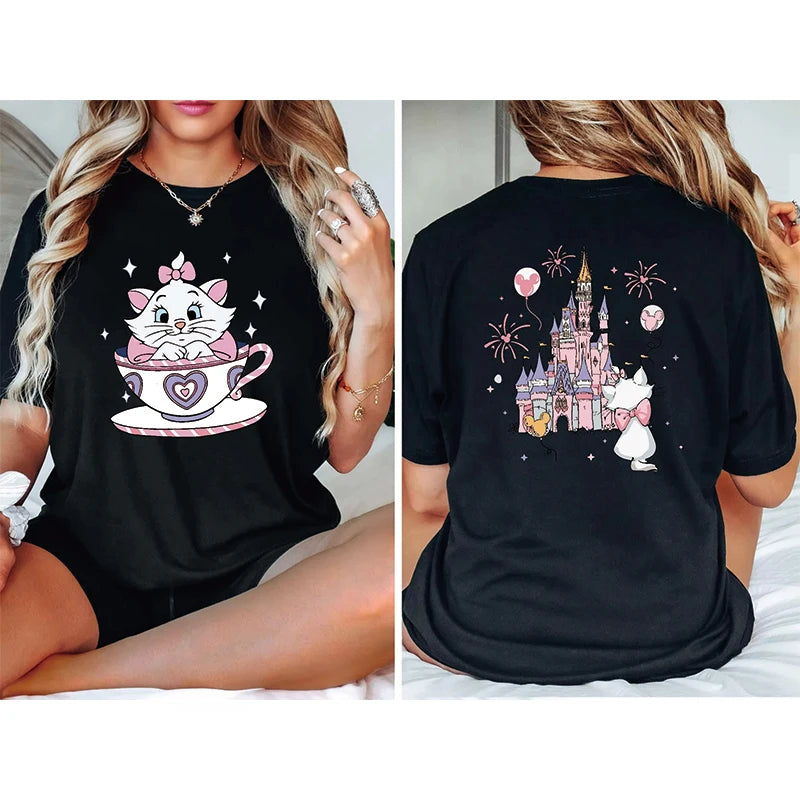 2026 Summer New The Aristocats Cartoon Anime Printed T-shirt Women's Fashion Casual T-shirt Mary Cat Crazy Teacup Party Shirt