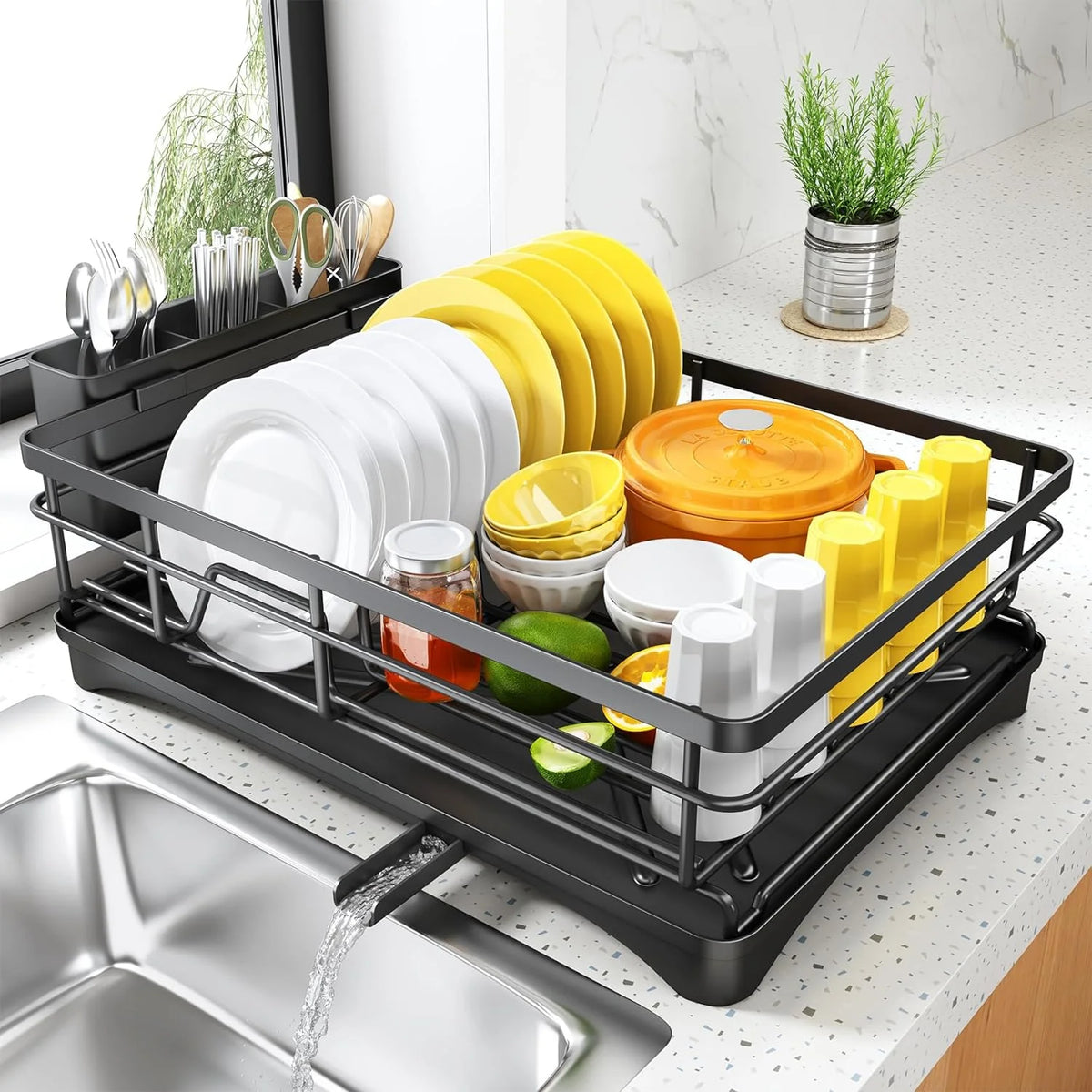 Large Dish Drying Rack with Drainboard & 3-Slot Utensil Holder