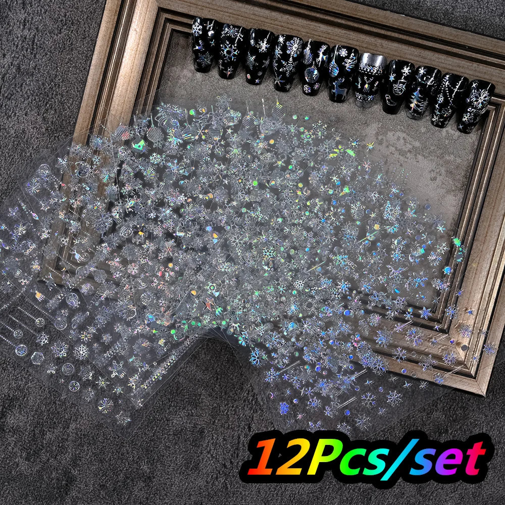 12Pcs/set Laser Silver Snowflake Nail Stickers Set  3D Winter Elk Snowflake Nail Art Decoration DIY Holographic Snowflake Slider
