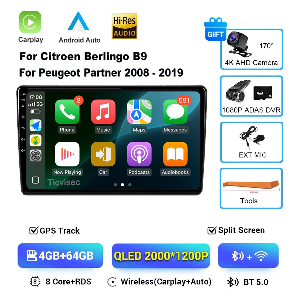 Android 16 Car Radio 4G+WIFI Carplay For Citroen Berlingo For Peugeot Partner 2008 - 2019 Navigation GPS Car Multimedia Player