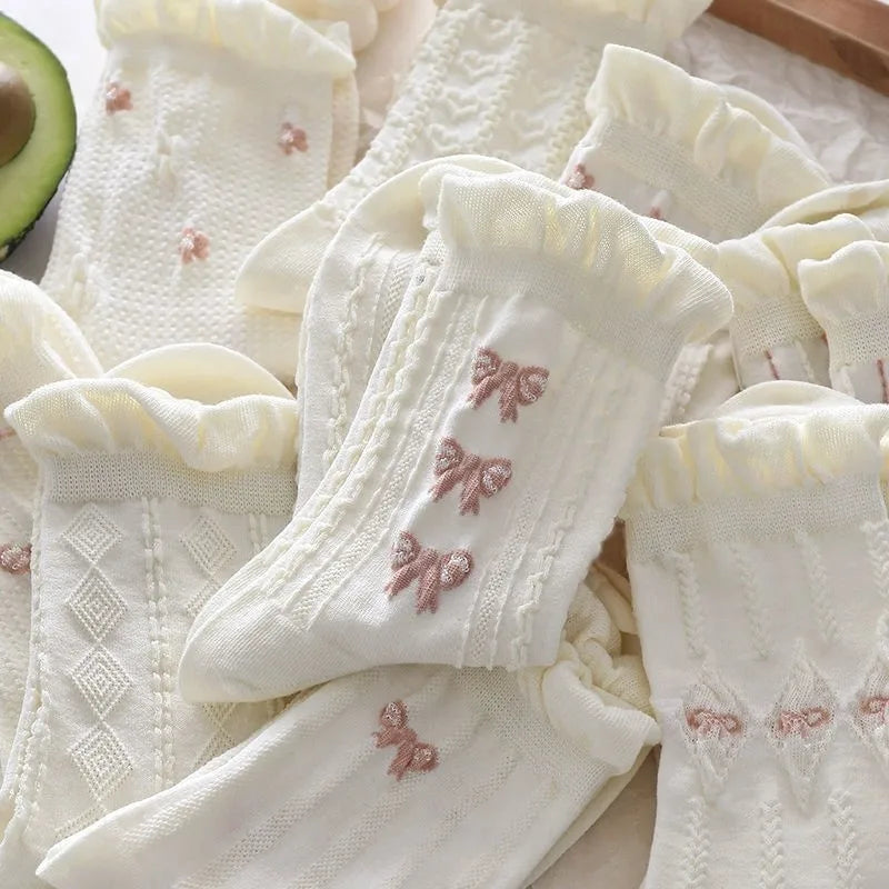 Women's Mid-Tube Socks 5/10 Pairs - Cute Bow & Floral