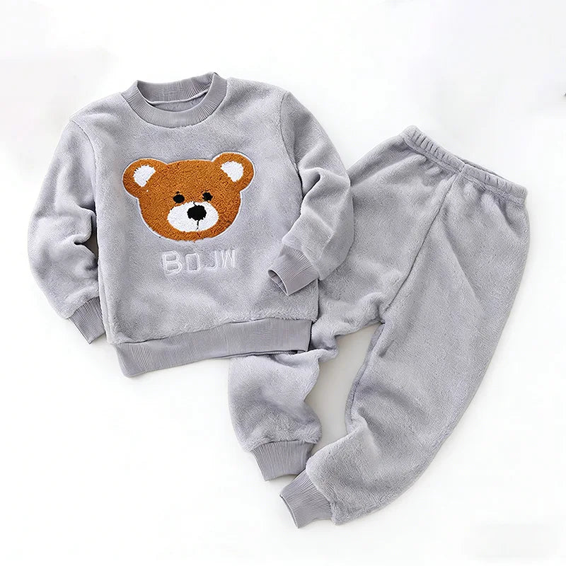 Kids Coral Fleece Pajama Set - Cartoon Print Two-Piece Sleepwear