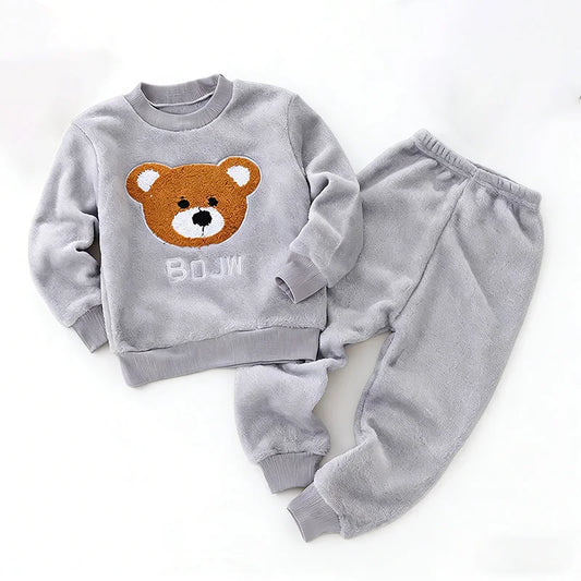Kids Coral Fleece Pajama Set - Cartoon Print Two-Piece Sleepwear