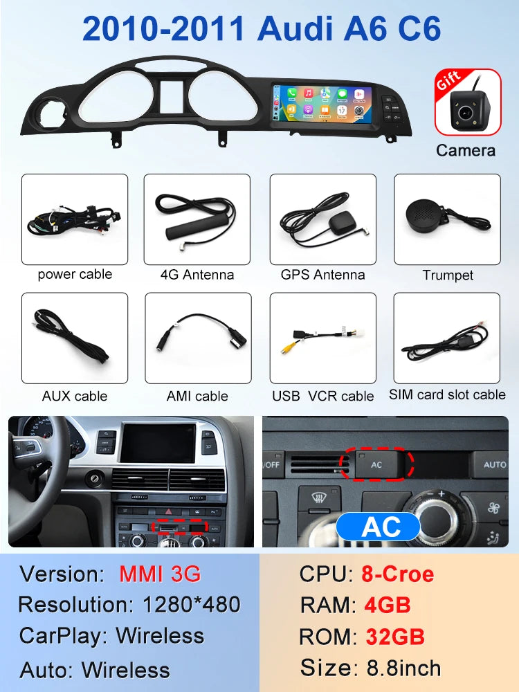 8.8" Wireless CarPlay & Android Auto Display Screen, Compatible with Audi A6 C6 (2005-2011)