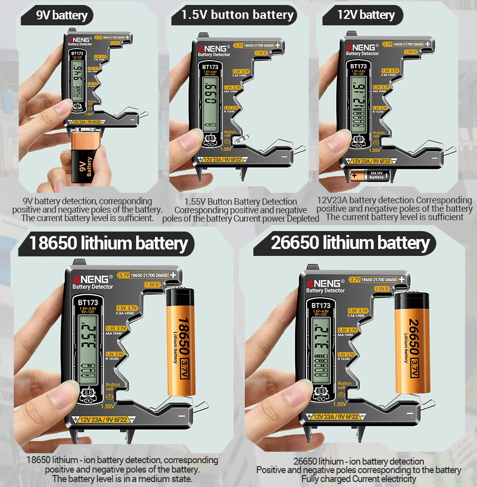 Universal Battery Tester ANENG BT173 Battery Detector Test C D AA AAA N 9V Cell Button Meter Visual Display Testing Tester Tools