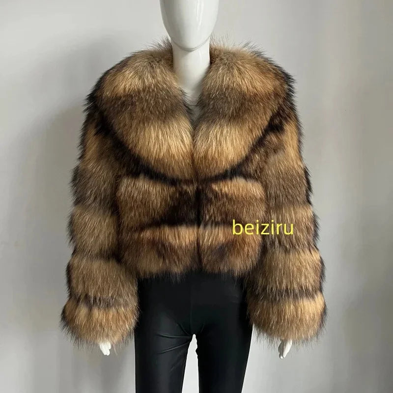 Women's Hooded Raccoon Fur Coat, Turn-Down Collar