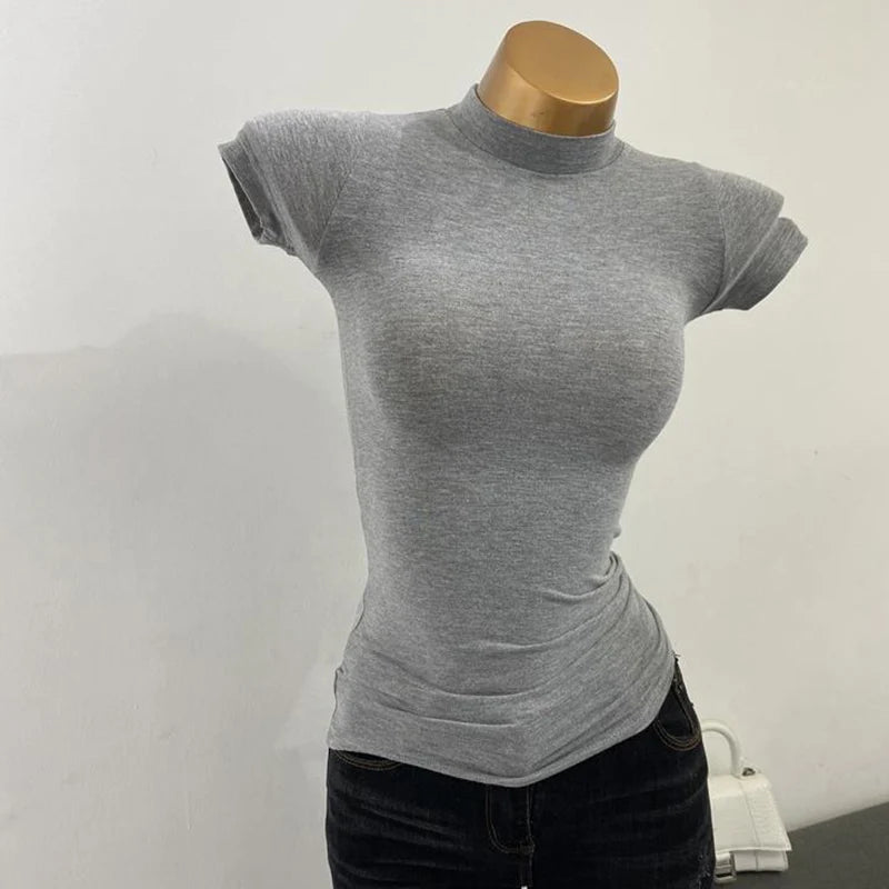 Women's Mock-Neck Sheer Tee — Slim Stretch Short-Sleeve Layering Top