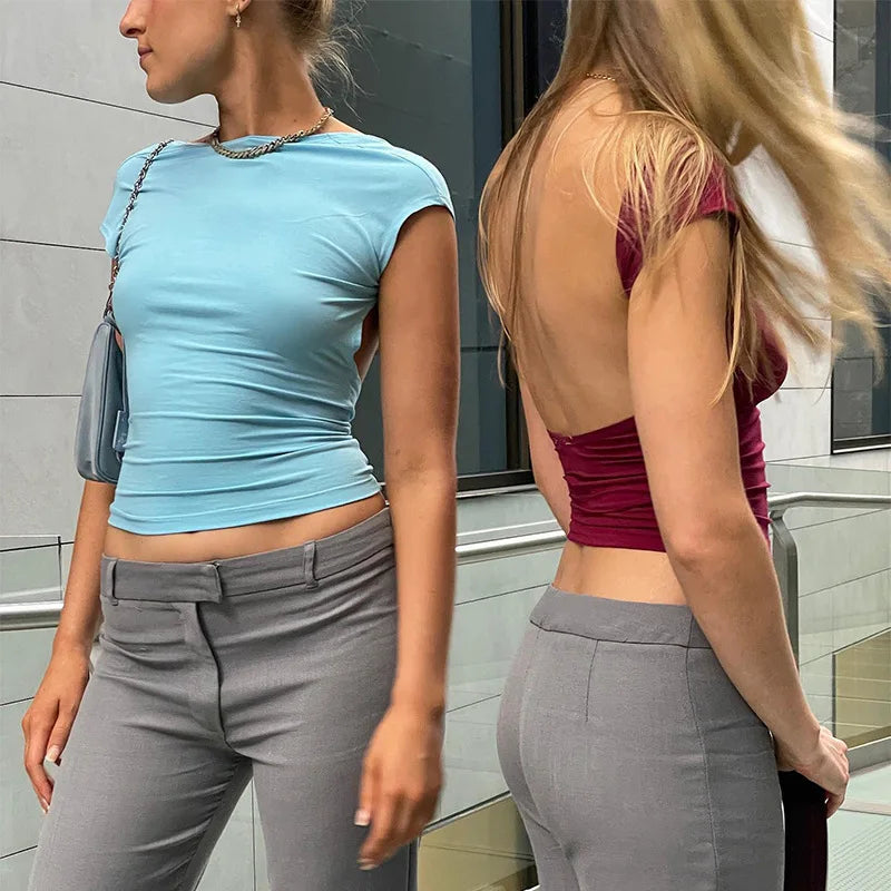 Short Sleeve Backless Tops Women Multi Ways Wear 2026 Skinny Basic Summer Slim Cropped Cut Out Sexy T Shirt Crop Top
