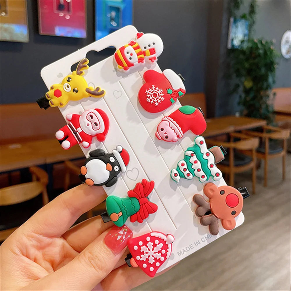 10pcs/Set Funny Christmas Hair Clips Mixed Styles Cartoon Elk Santa Claus Barrettes Kid Girl Xmas Party Headwear Gift
