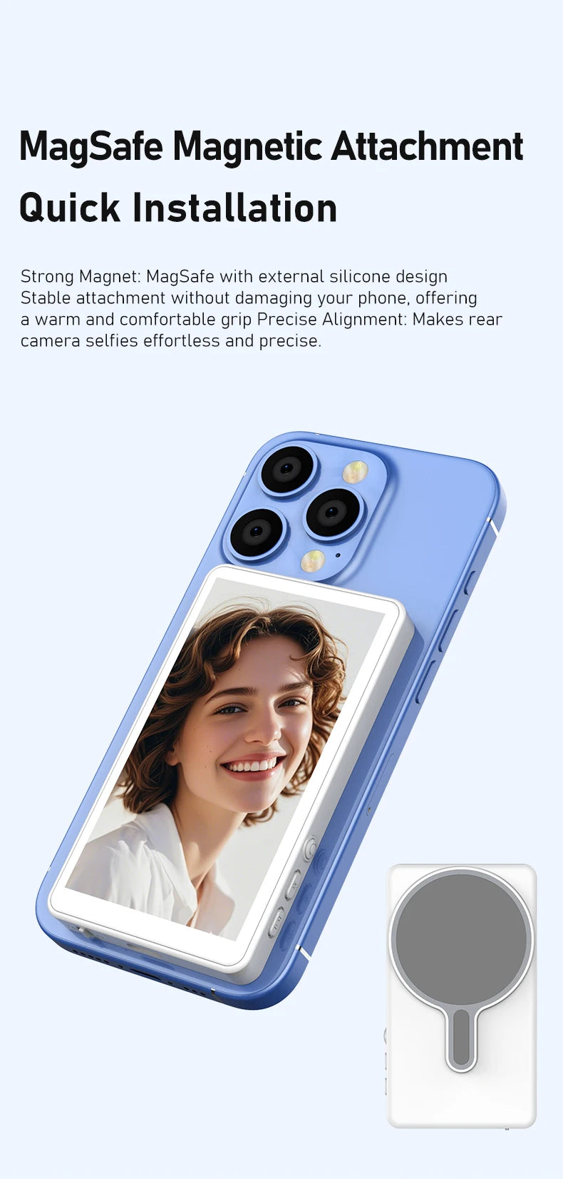 Smartphone Rear Camera Selfie Display Screen Wireless Wi-Fi Mirroring Magnetic Attachment for iOS Android Harmony OS