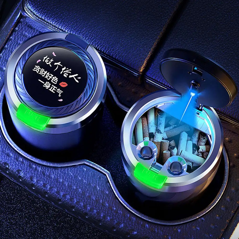 Portable Car Ashtray with LED Light Metal Liner Auto Ash Tray Large Capacity One-Click Open Interior Accessories