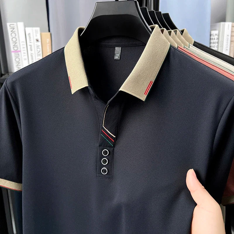 Men's Lapel Polo - Decorative Stripe Placket, Breathable Mesh