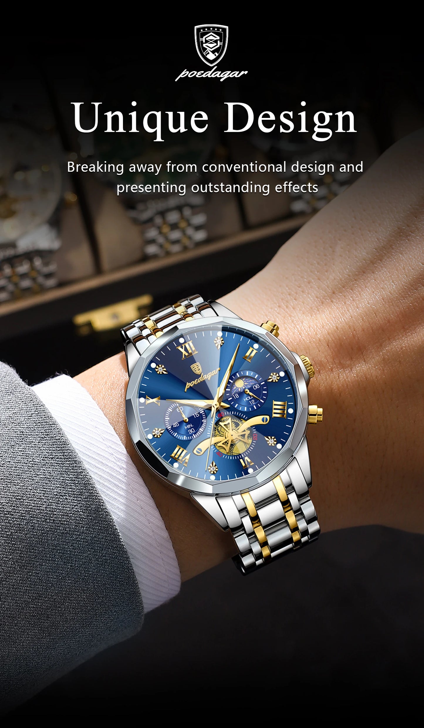 POEDAGAR Luxury Men's Quartz Watch – Waterproof Luminous Chronograph Stainless Steel Wristwatch (Model 938)