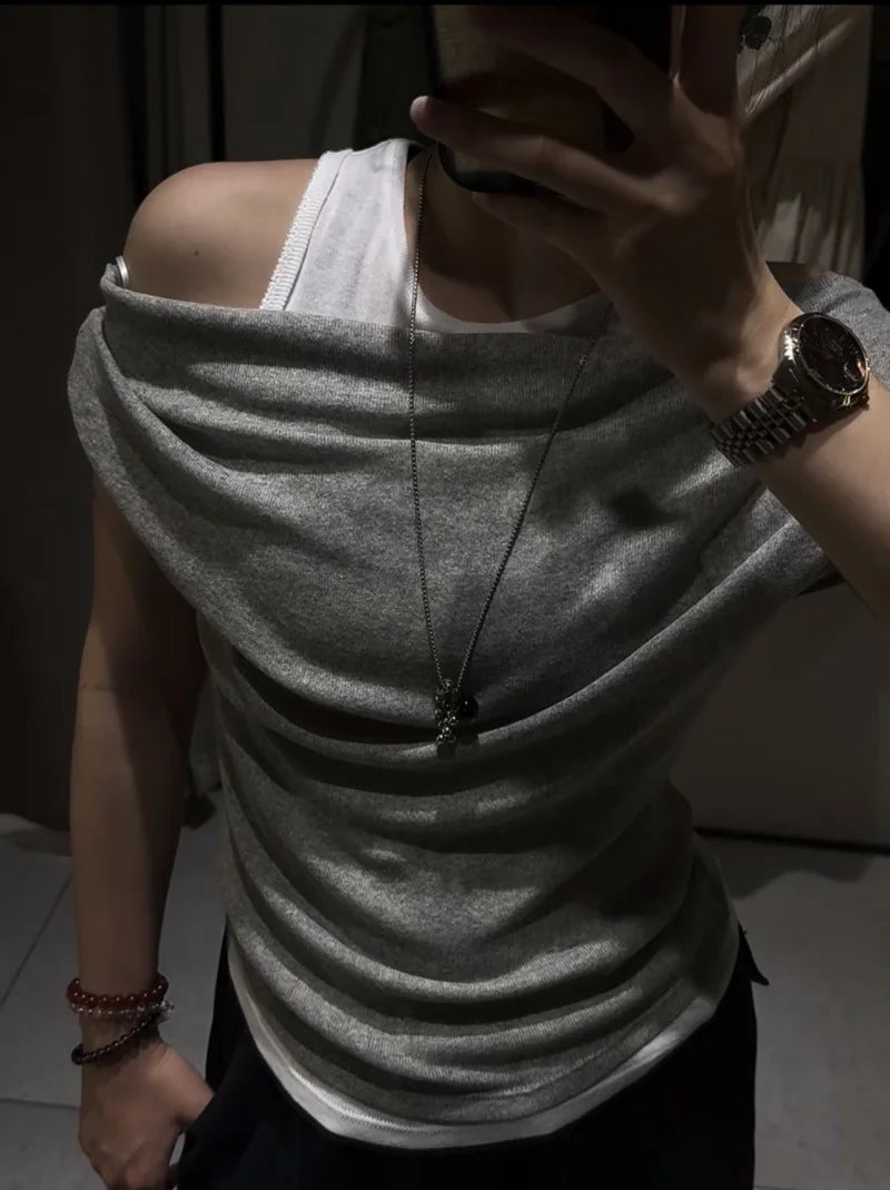 ETJ 2026 new  women's fashion color-blocking and patchwork fake two-piece sexy off-the-shoulder short-sleeved T-shirt top
