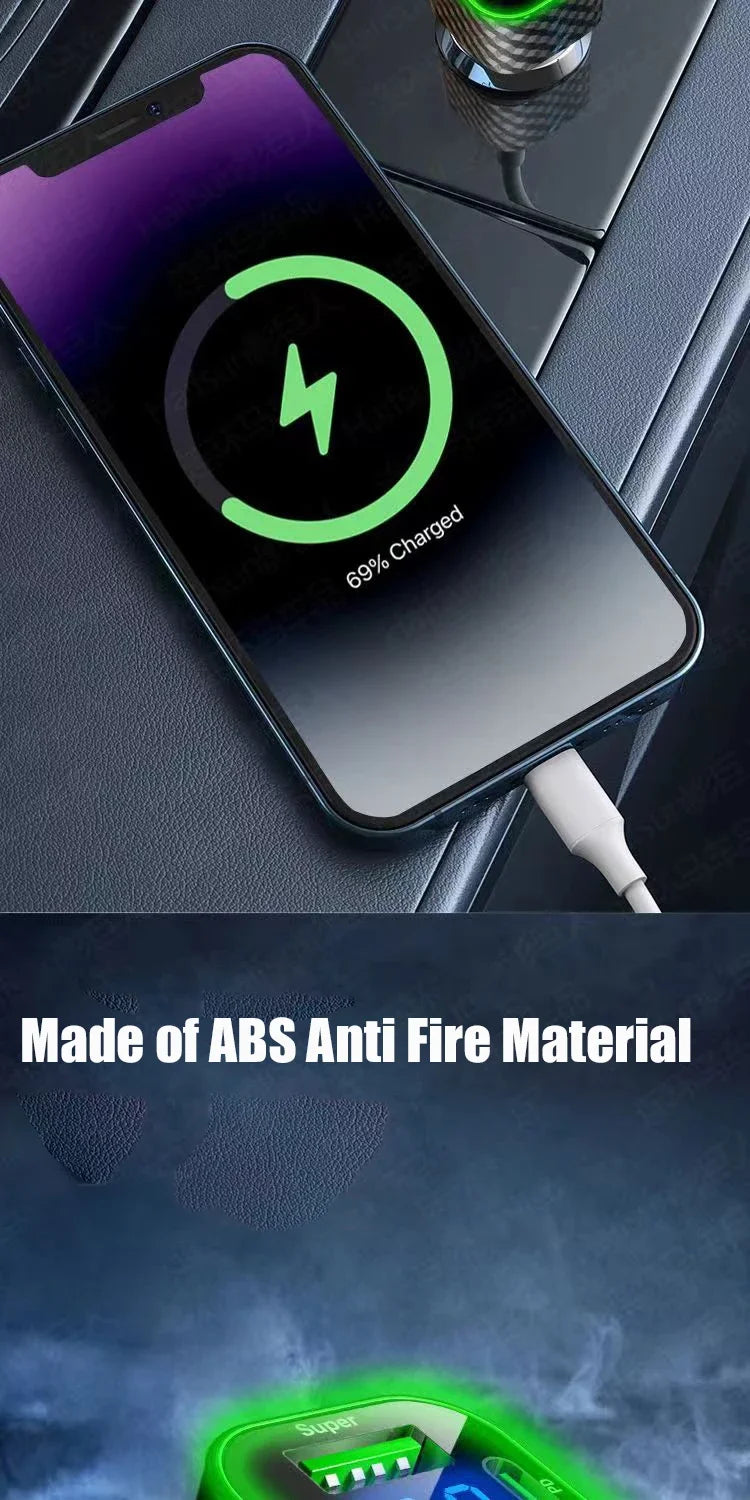 USB-C Car Charger 4-in-1 Dual PD Fast Charge with Voltage Display – iPhone, Samsung, Xiaomi