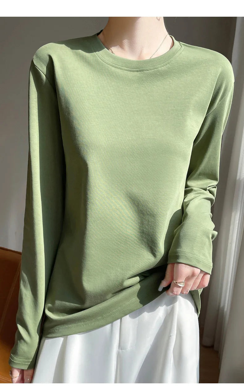 Spring And Summer New Mercerized Cotton Long Sleeve T-shirt Women's Round Neck Loose 100% Cotton Bottoming T-shirt