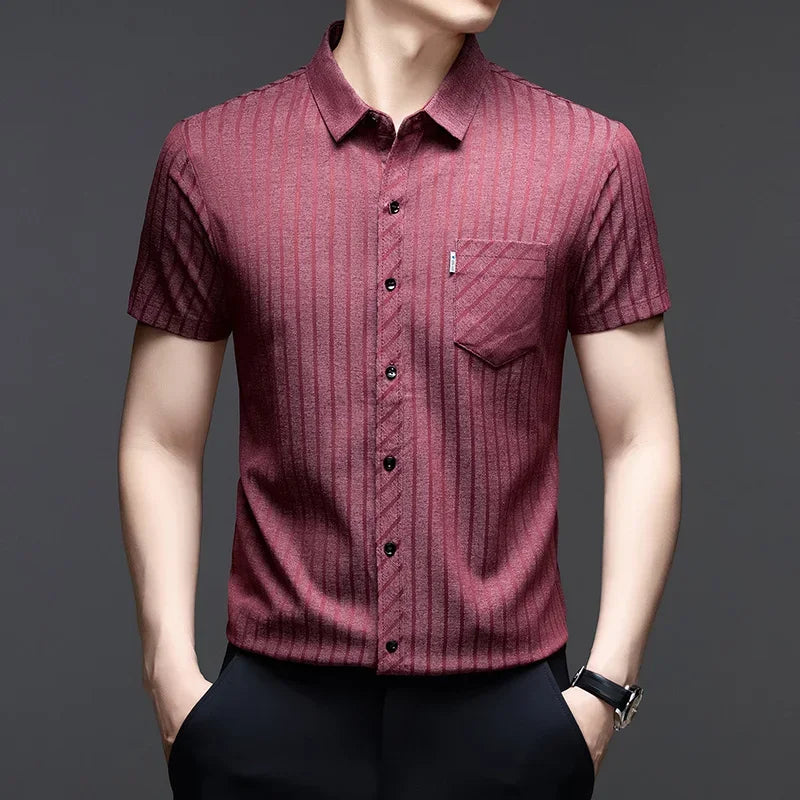 Men's Striped Short-Sleeve Shirt - Button-Down Collar, Chest Pocket
