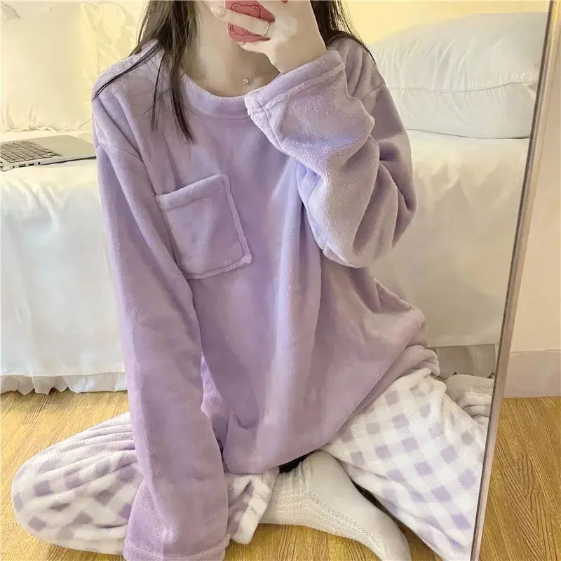 Women's Fleece Pajama Set - Solid Top & Plaid Pants - photo 8