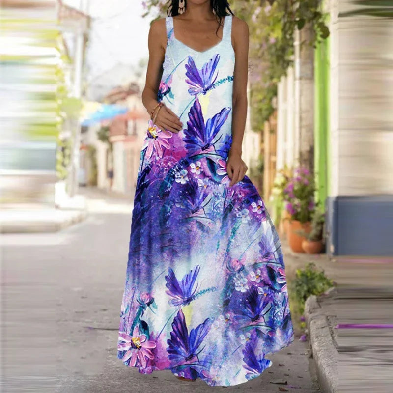 Women's Butterfly-Print Maxi Dress - Sleeveless, Casual Summer