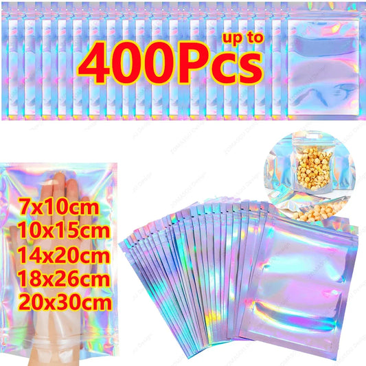 1-400PCS Holographic Laser Sealing Bags – Rainbow Resealable Pouches for Jewelry, Candy & Gift Packaging