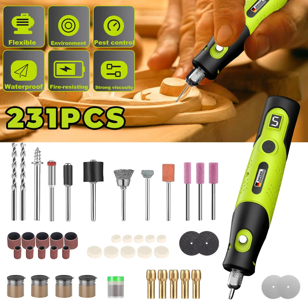 231Pcs Wireless Mini Electric Grinder Rotary Tool Kit 5 Variable Speed USB Rechargeable Engraving Pen for Wood Jade Metal Polishing Cutting Drilling Carving
