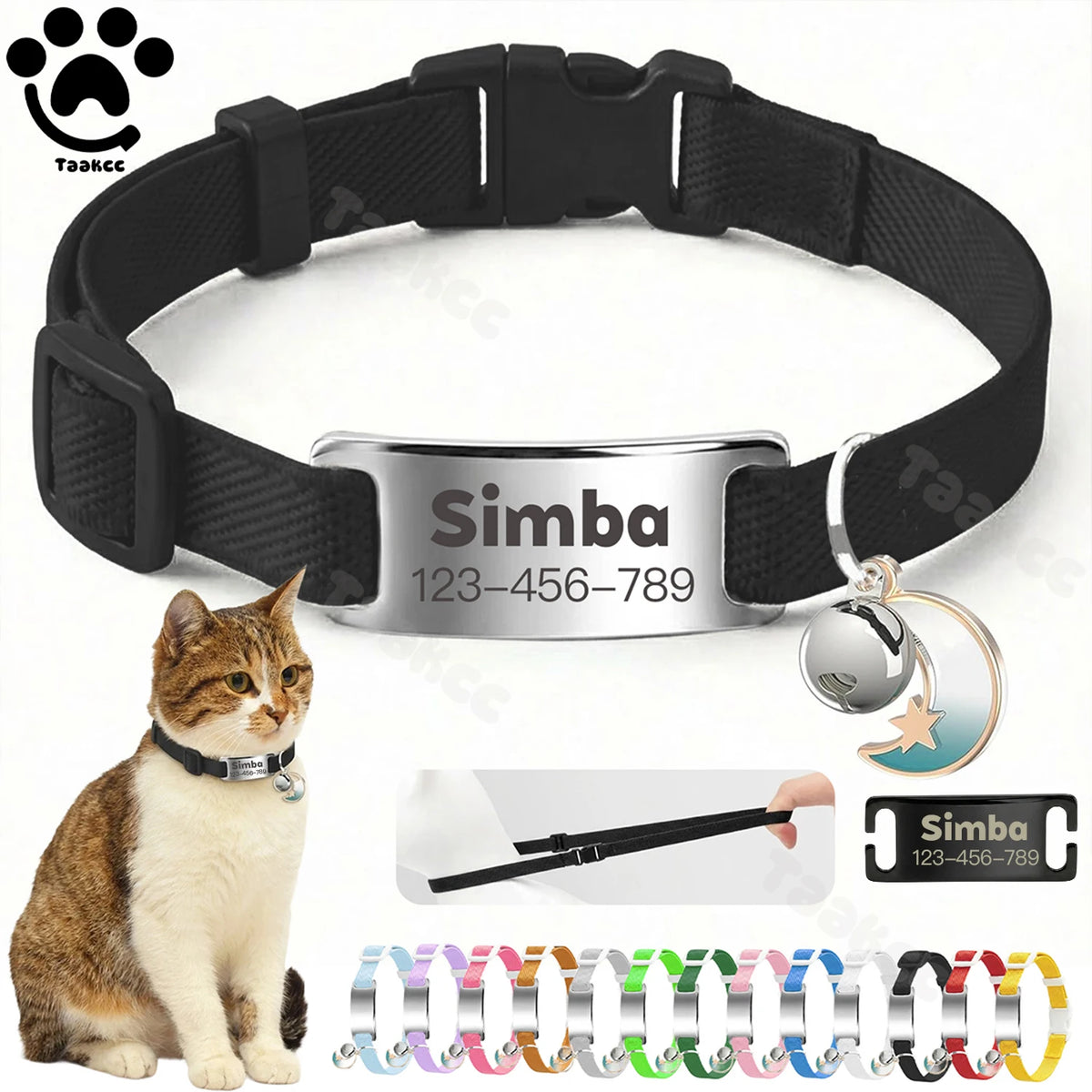 Customized Fashion Elastic Cat Collar Free Engraved Puppy Kitten Anti-lost Pet ID Nameplate Necklace With Bell & Moon Ornament