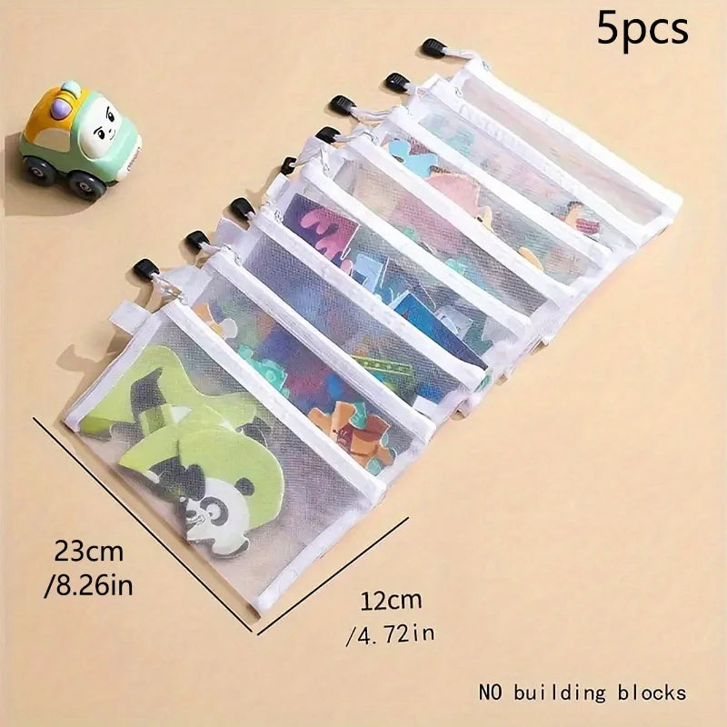 5pcs Waterproof Mesh Zipper Pouch  Toy Storage Document Folder Stationery Storage Bag Cosmetic Bag School Office Storage Bag