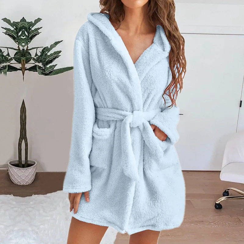 Women's Short Plush Hooded Bathrobe
