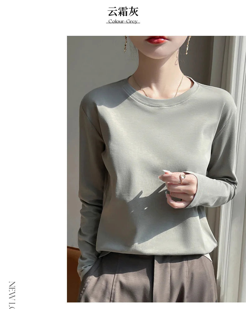 Spring And Summer New Mercerized Cotton Long Sleeve T-shirt Women's Round Neck Loose 100% Cotton Bottoming T-shirt