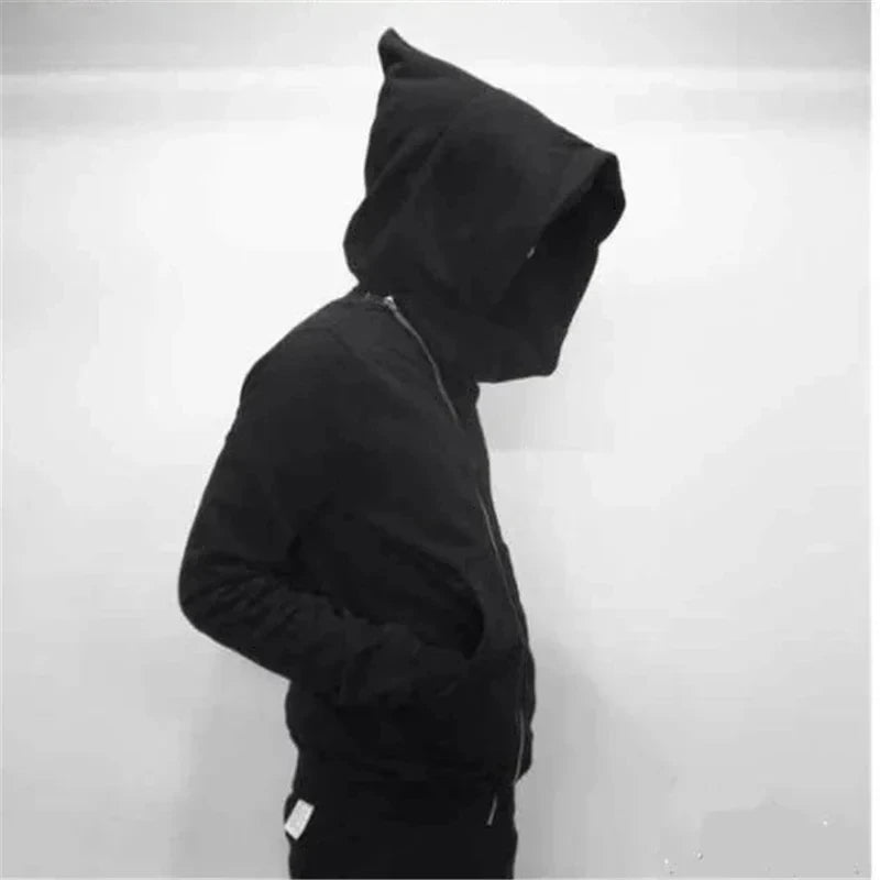 Men's Hooded Zip-Up Cloak Jacket, Black Streetwear