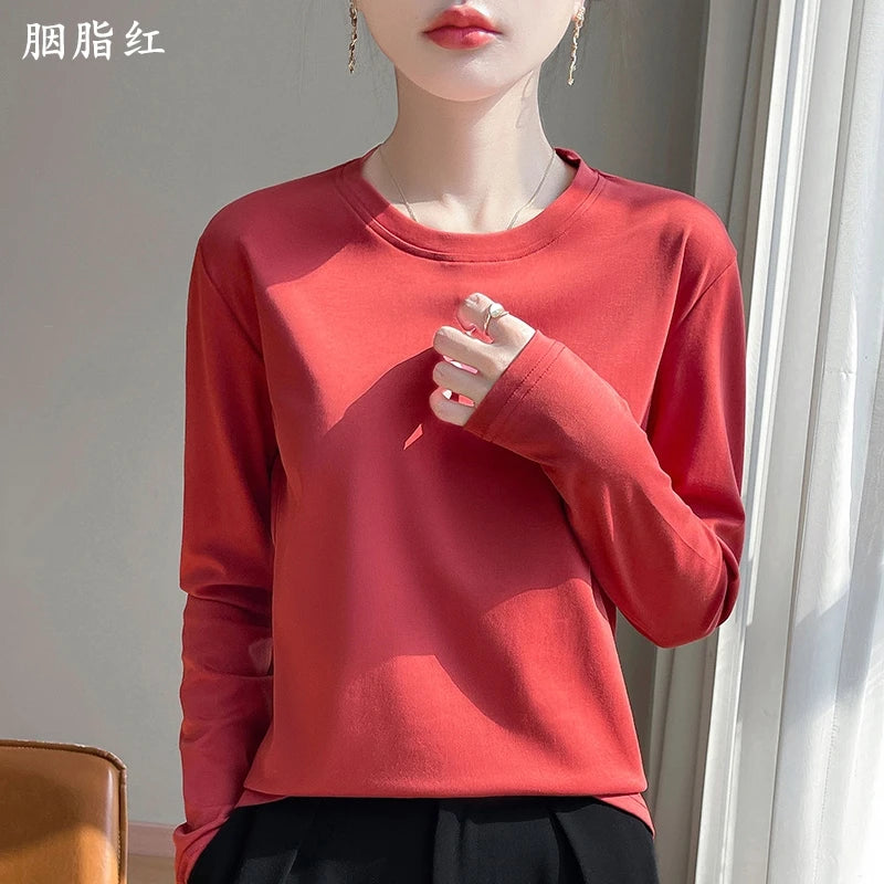 Spring And Summer New Mercerized Cotton Long Sleeve T-shirt Women's Round Neck Loose 100% Cotton Bottoming T-shirt