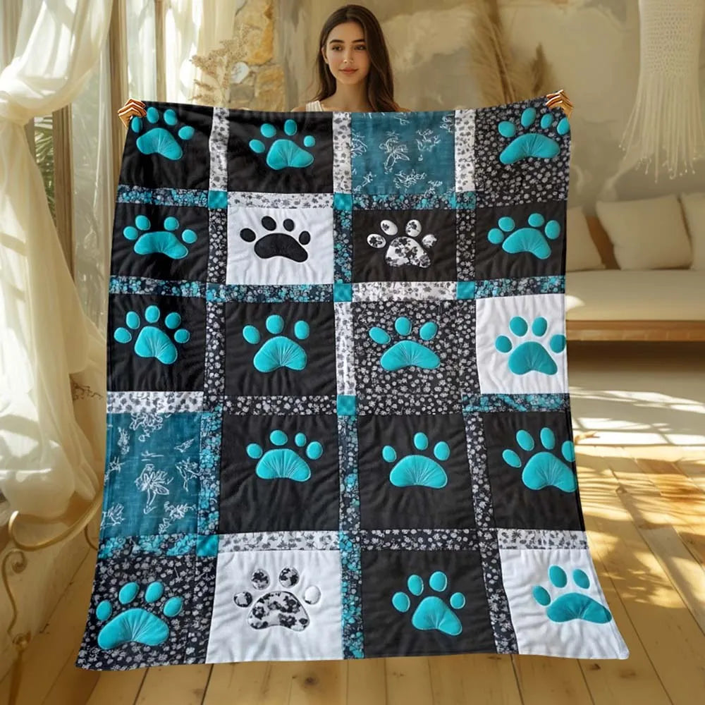 Teal Paw Print Quilted Throw Blanket - Patchwork Fleece for Pet Lovers