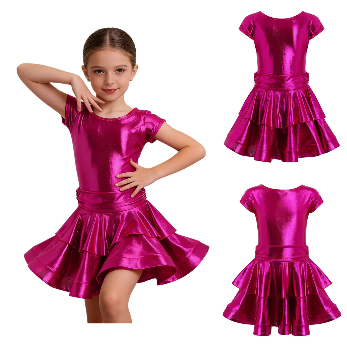 Girls cap-sleeve tiered metallic Latin dress