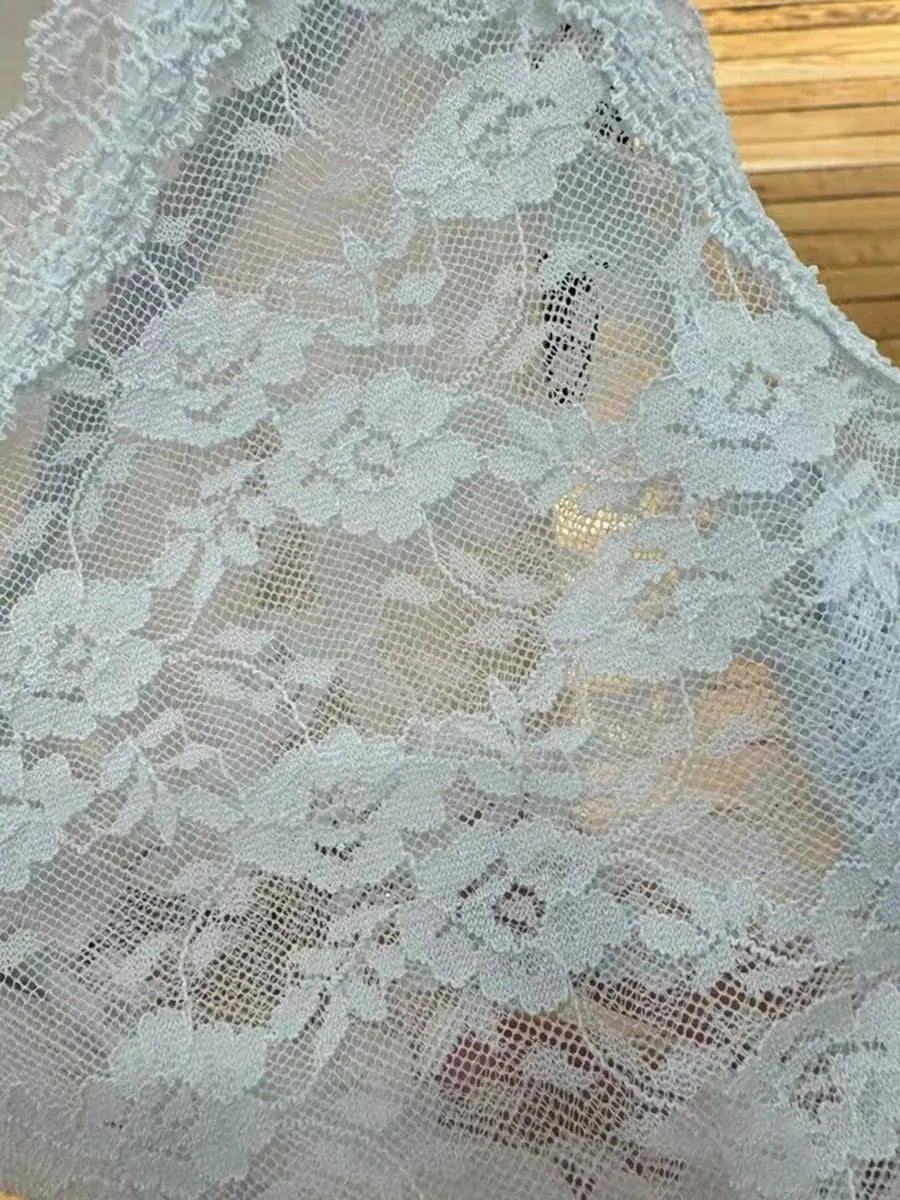 New Blue Lace Transparent Tank Tops Summer Bow Sexy V Neck Sleevless Slim Thin Camis Women Vintage Solid Sweet Mesh Crop Top