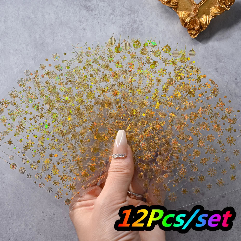 12Pcs/set Laser Silver Snowflake Nail Stickers Set  3D Winter Elk Snowflake Nail Art Decoration DIY Holographic Snowflake Slider