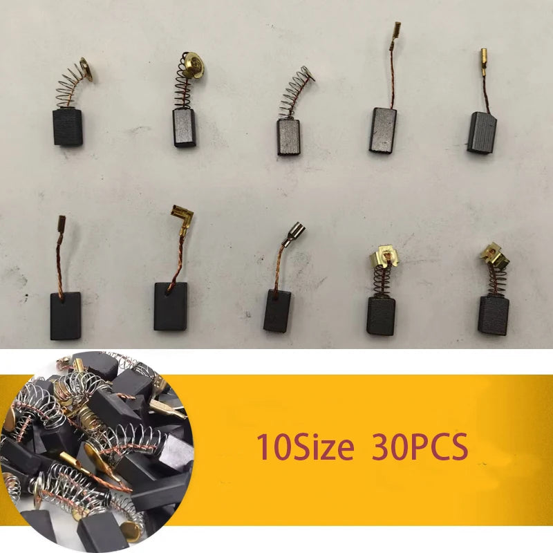 30-Piece Carbon Brush Set, 10 Models, 3Pcs of Each Model. Carbon Brushes Are Suitable for Various Types of Electric Tools Such as Electric Hammers, Angle Grinders, Circular Saws, Etc. for Repair and Replacement Parts