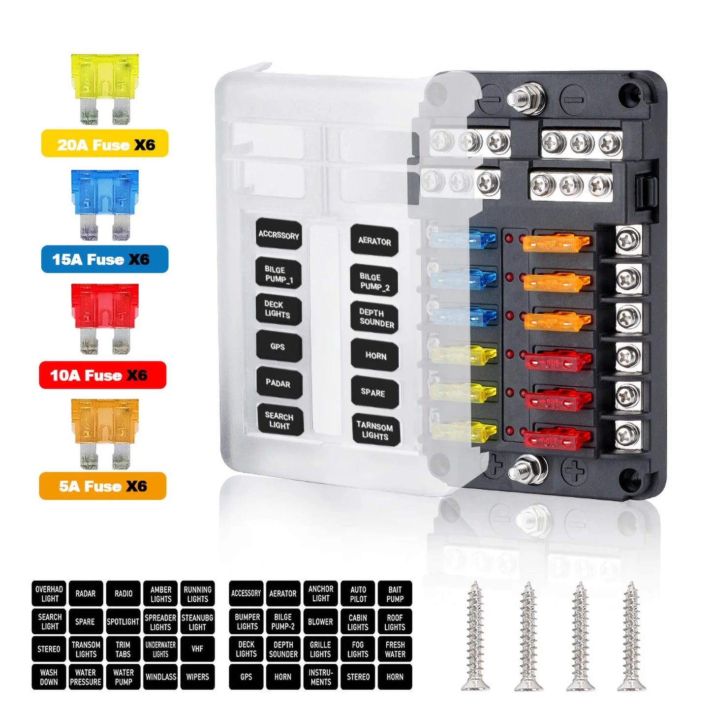 6-12 Way Blade Fuse Block Fuse Box Holder Cover With LED Indicator For a Pillar Switch Panel 12V-24V Board Camper RV Boat