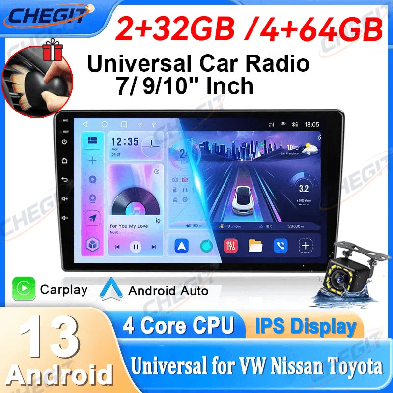Universal 2-DIN Android 13 Car Stereo (7"/9"/10", 64GB) — CarPlay, Android Auto, GPS, WiFi