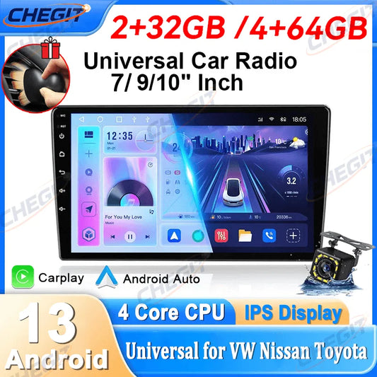 Universal 2-DIN Android 13 Car Stereo (7"/9"/10", 64GB) — CarPlay, Android Auto, GPS, WiFi