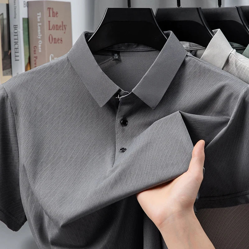 Men's Textured Polo Shirt - Solid Lapel, Breathable Office Casual