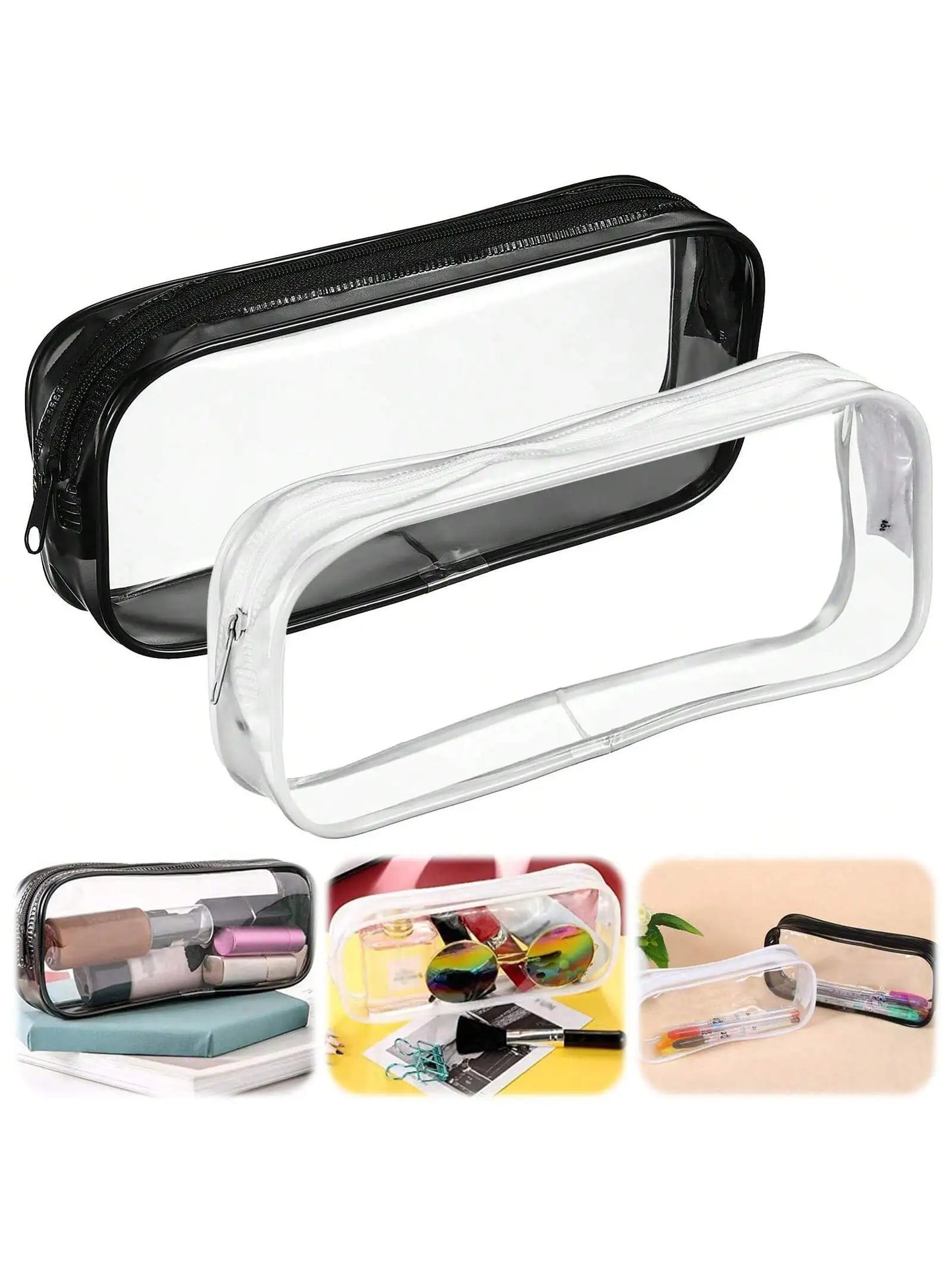 2pcs Clear PVC Zipper Pencil Bag Toiletries Exam Pen Pencil Pouch Case Travel Luggage Make up Cosmetic Bag (Black and White)