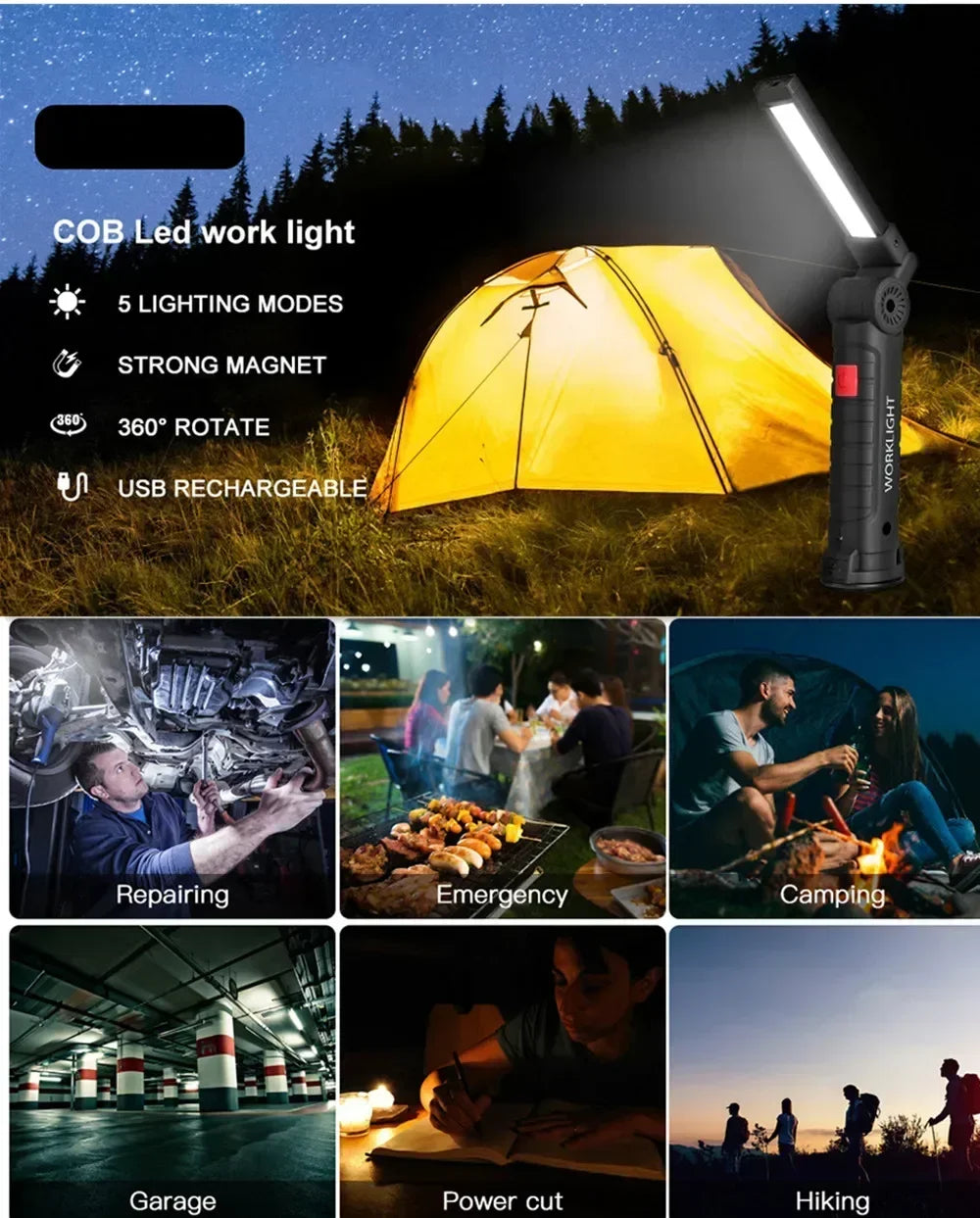 1pc COB LED Work Light Dimmable USB Rechargeable LED Flashlight Inspection Lamp With Magnet&Hook 14500/18650 Battery Torch light