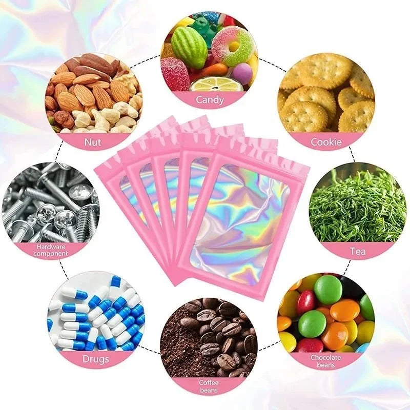 100Pcs Holographic Ziplock Bag Plastic Laser Iridescent Zip Bags for Manicure Eyelash Display Earrings Ring Jewelry Stoage Bags