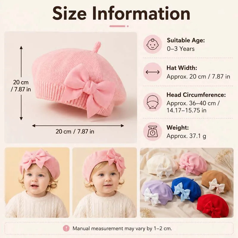 Baby Girl Knit Beret with Bow - Soft Infant Painter Hat - photo 4